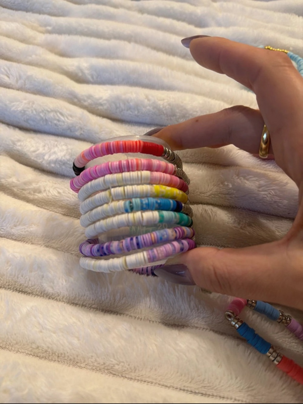Multicolor Beaded Stretch Bracelet Set - Pink, White, Purple set of 8 handmade